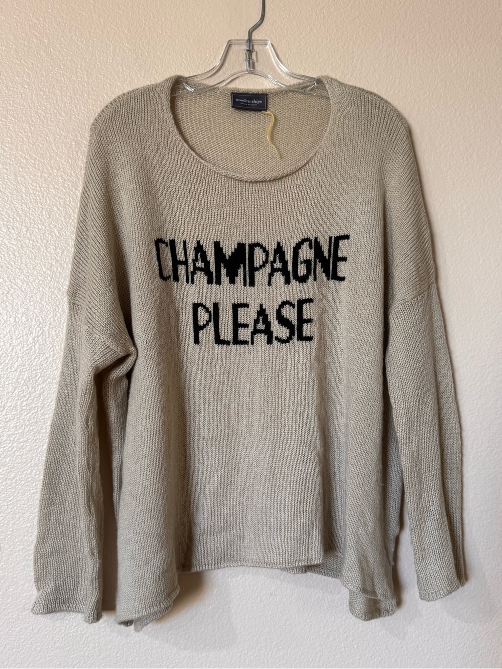Wooden Ships Mohair Wool Champagne Please Graphic Knit Sweater Oatmeal M/L